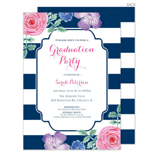 Navy Vintage Flower Graduation Invitations
